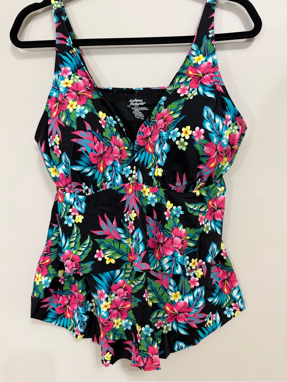 Anthony Richards Womens Tankini Swim Top 1X Tropical Floral Ruffle Black NWOT